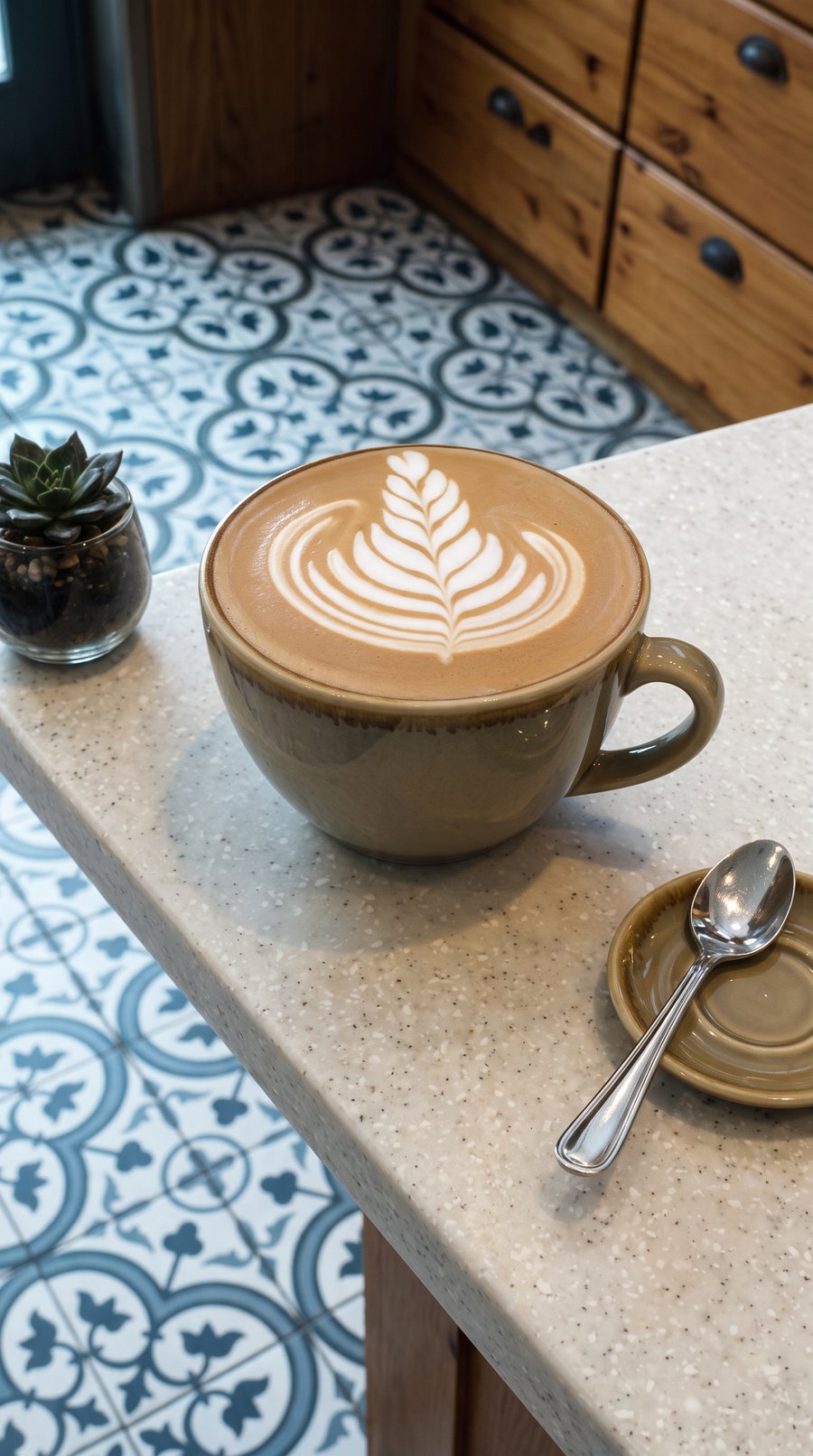 A flat white with fern latte art in a green glazed cup on the terrazzo counter, patterned tiles behind