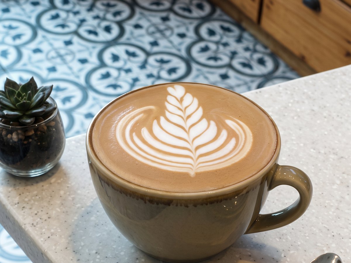 A flat white with fern latte art in a green glazed cup