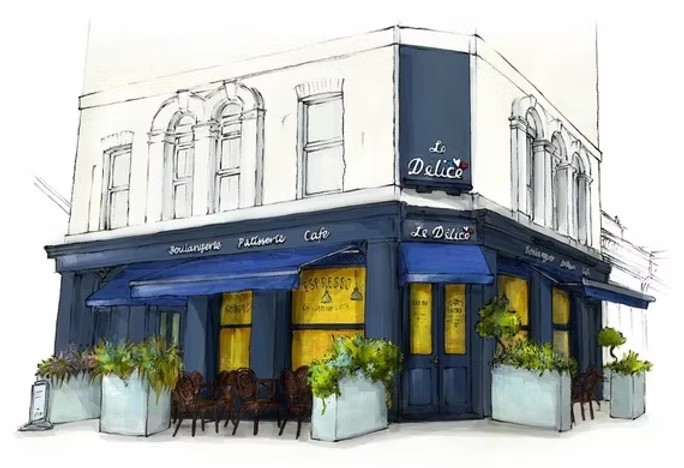Ink and watercolour illustration of the Le Délice shopfront, with its navy awnings, planters and pavement chairs